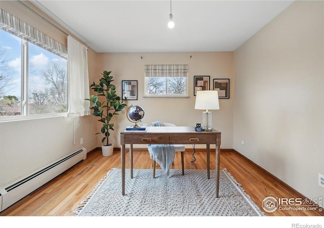 4035 Darley Ave, Boulder, CO 80305 - office area with a baseboard radiator, light wood-style flooring, and baseboards
