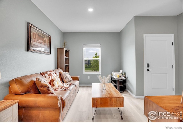 living room with light wood-type flooring and recessed lighting