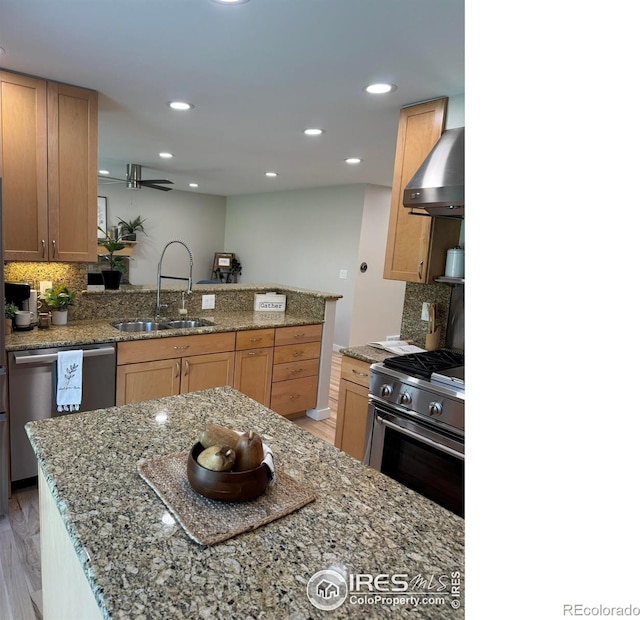 1225 Ithaca Dr, Boulder, CO 80305 - kitchen featuring a sink, stainless steel appliances, extractor fan, backsplash, and recessed lighting