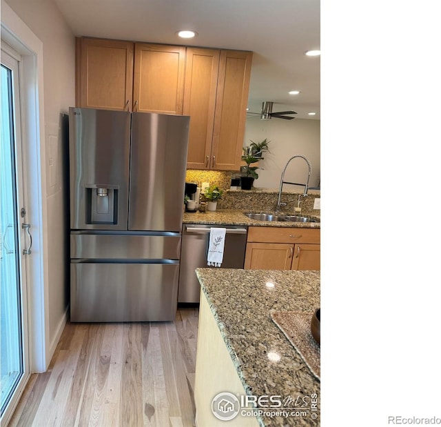 1225 Ithaca Dr, Boulder, CO 80305 - kitchen featuring appliances with stainless steel finishes, a sink, light wood finished floors, stone countertops, and recessed lighting