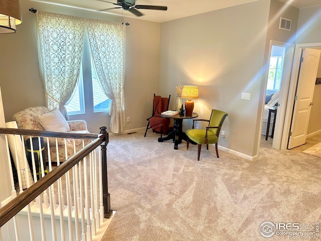8241 White Owl Ct, Windsor, CO 80550 - living area with carpet flooring, healthy amount of natural light, and a ceiling fan