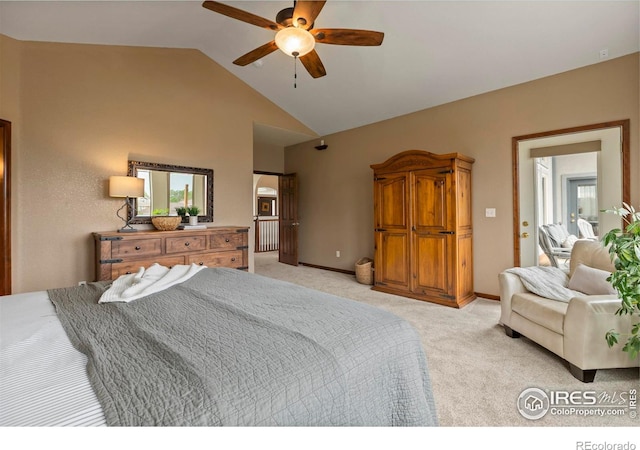 7717 Amour Hill Dr, Greeley, CO 80634 - bedroom featuring light colored carpet, ceiling fan, and high vaulted ceiling