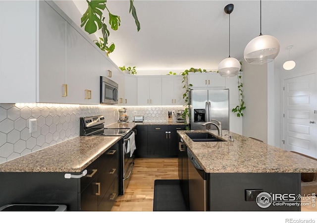 512 Prairie Clover Way, Severance, CO 80550 - kitchen with appliances with stainless steel finishes, a sink, light wood finished floors, an island with sink, and dark cabinets