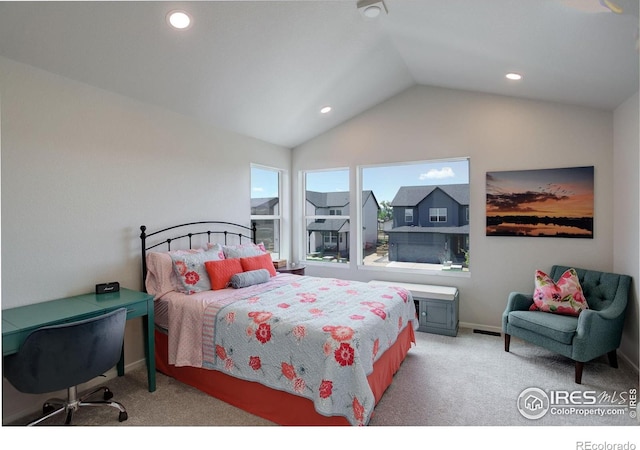 5282 Ribault St, Timnath, CO 80547 - bedroom with light carpet, vaulted ceiling, recessed lighting, and baseboards
