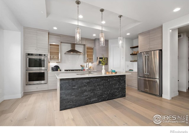 4014 Rock Creek Dr, Fort Collins, CO 80528 - kitchen featuring appliances with stainless steel finishes, a sink, modern cabinets, a raised ceiling, and recessed lighting