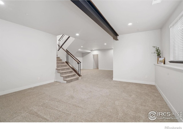 4014 Rock Creek Dr, Fort Collins, CO 80528 - unfurnished living room featuring carpet flooring, stairway, recessed lighting, baseboards, and beam ceiling