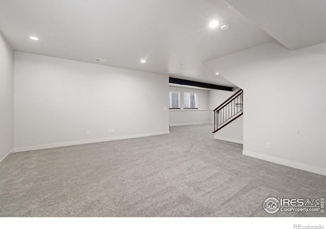 4014 Rock Creek Dr, Fort Collins, CO 80528 - unfurnished living room with recessed lighting, stairs, carpet, and baseboards