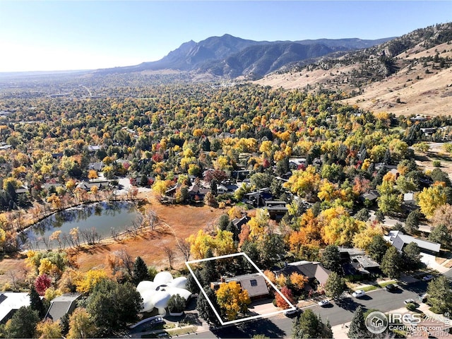 3746 Wonderland Hill Ave, Boulder, CO 80304 - aerial view of property and surrounding area featuring property parcel outlined and a water and mountain view