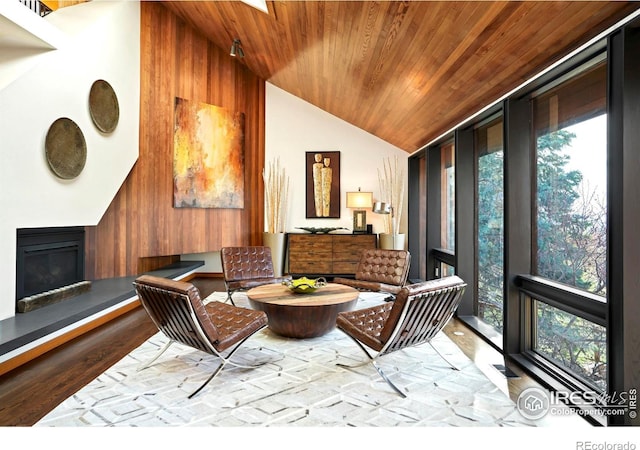 3746 Wonderland Hill Ave, Boulder, CO 80304 - living area featuring a glass covered fireplace, lofted ceiling, wooden ceiling, and wood finished floors