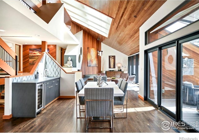 3746 Wonderland Hill Ave, Boulder, CO 80304 - dining space featuring wine cooler, high vaulted ceiling, wood ceiling, dark wood-style flooring, and stairway