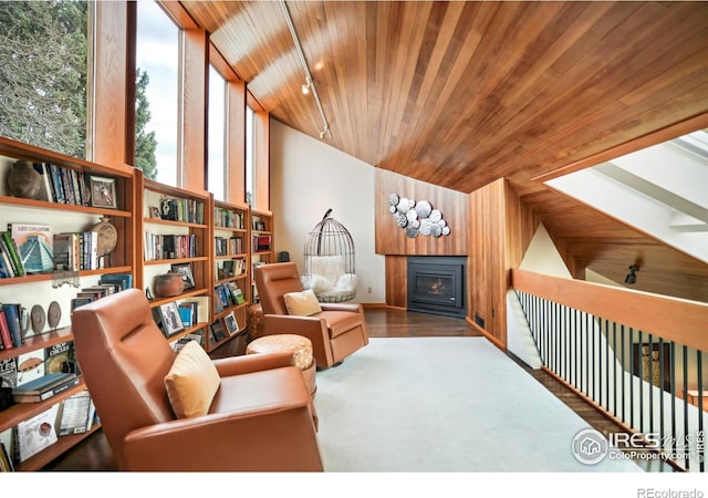3746 Wonderland Hill Ave, Boulder, CO 80304 - sitting room featuring wooden ceiling, a warm lit fireplace, lofted ceiling, and wood finished floors