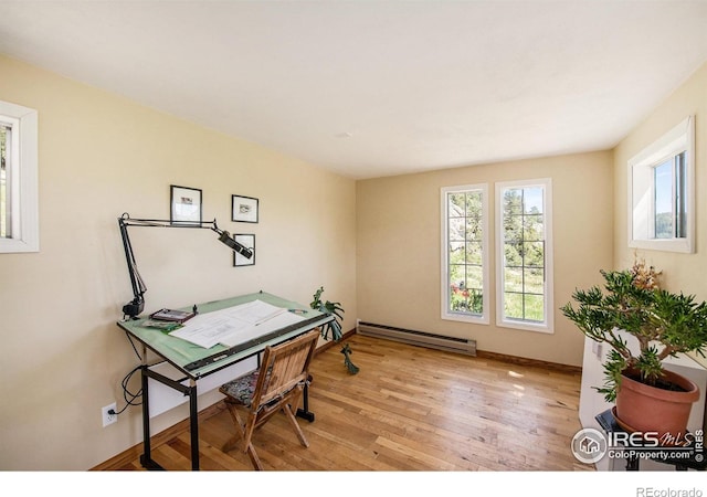 60 Horn Peak Dr, Livermore, CO 80536 - home office featuring baseboard heating, light wood finished floors, and baseboards