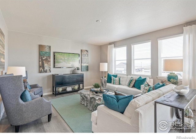 living room featuring wood finished floors and baseboards