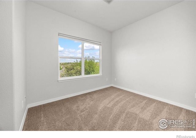 empty room with carpet, baseboards, and a water view