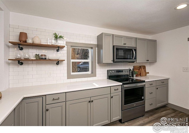 527 S Bryan Ave, Fort Collins, CO 80521 - kitchen with appliances with stainless steel finishes, gray cabinetry, decorative backsplash, dark wood-type flooring, and recessed lighting