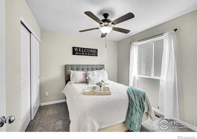 6008 Sandstone Cir, Frederick, CO 80516 - carpeted bedroom featuring baseboards, a closet, and a ceiling fan