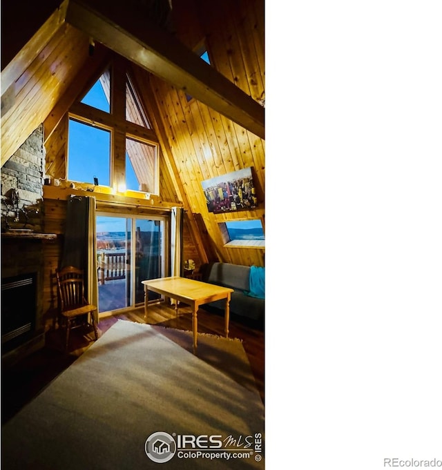 867 Windy Ridge Rd, Red Feather Lakes, CO 80545 - bonus room featuring wooden walls, a fireplace, and wood finished floors