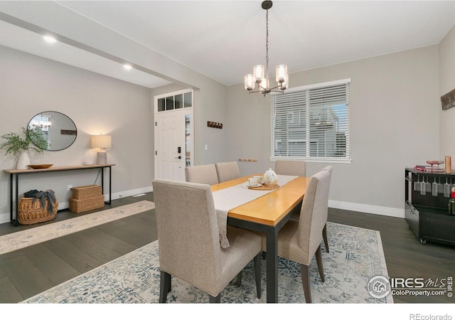 1203 Cabot Ct, Fort Collins, CO 80526 - dining space featuring a chandelier, baseboards, dark wood finished floors, and recessed lighting