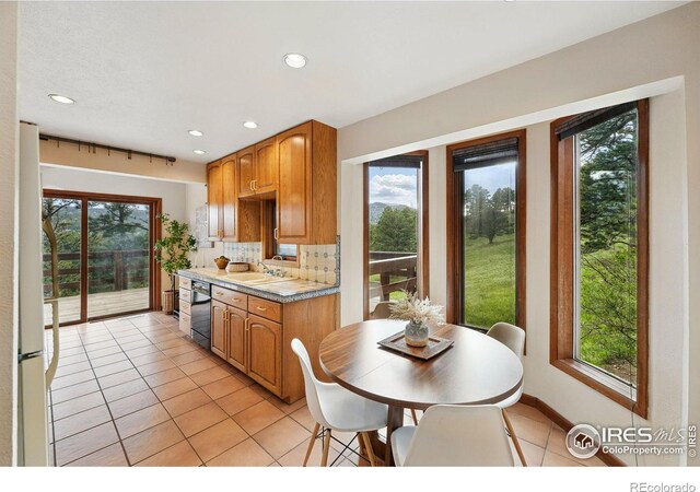 1101 Peakview Cir, Boulder, CO 80302 - kitchen with recessed lighting, light tile patterned flooring, backsplash, dishwasher, and freestanding refrigerator
