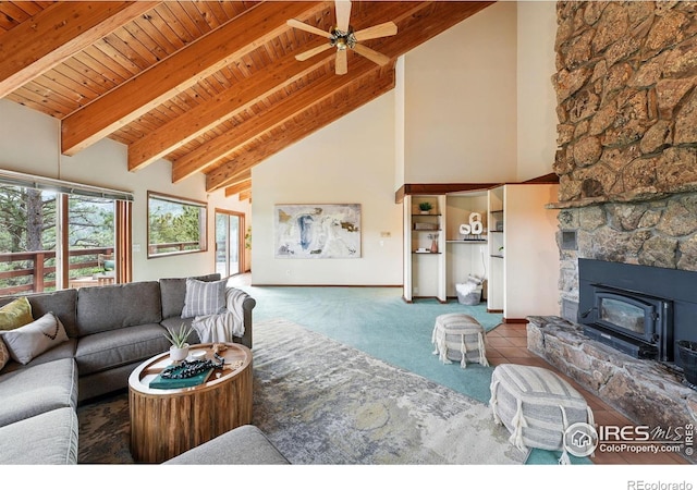 1101 Peakview Cir, Boulder, CO 80302 - carpeted living area featuring high vaulted ceiling, wooden ceiling with exposed beams, and ceiling fan