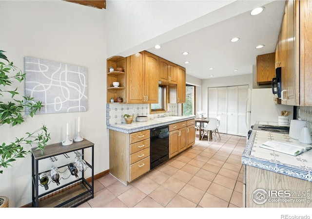 1101 Peakview Cir, Boulder, CO 80302 - kitchen featuring black appliances, light countertops, light tile patterned floors, open shelves, and recessed lighting