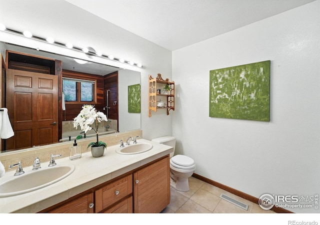 1101 Peakview Cir, Boulder, CO 80302 - bathroom featuring double vanity, toilet, tile patterned flooring, baseboards, and a shower