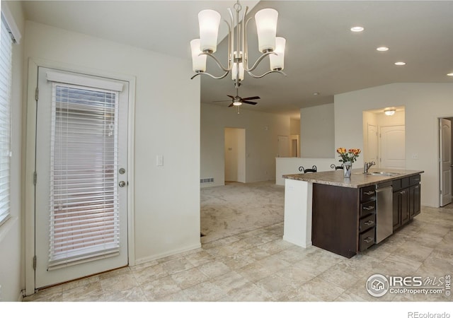 1540 Murrlet St, Berthoud, CO 80513 - kitchen with dark brown cabinets, dishwasher, hanging light fixtures, an island with sink, and a chandelier
