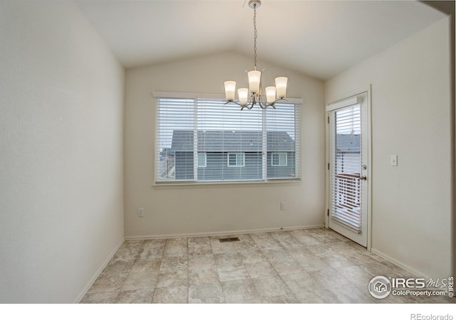 1540 Murrlet St, Berthoud, CO 80513 - unfurnished dining area featuring a chandelier, lofted ceiling, and baseboards