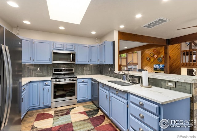 4456 W Pioneer Dr, Greeley, CO 80634 - kitchen with stainless steel appliances, blue cabinetry, a sink, a peninsula, and tasteful backsplash