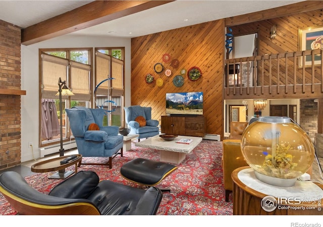 4456 W Pioneer Dr, Greeley, CO 80634 - living area featuring baseboard heating, beam ceiling, and wooden walls
