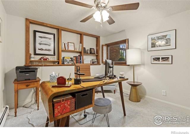 4456 W Pioneer Dr, Greeley, CO 80634 - office area featuring carpet floors, a ceiling fan, a baseboard radiator, baseboards, and a textured ceiling