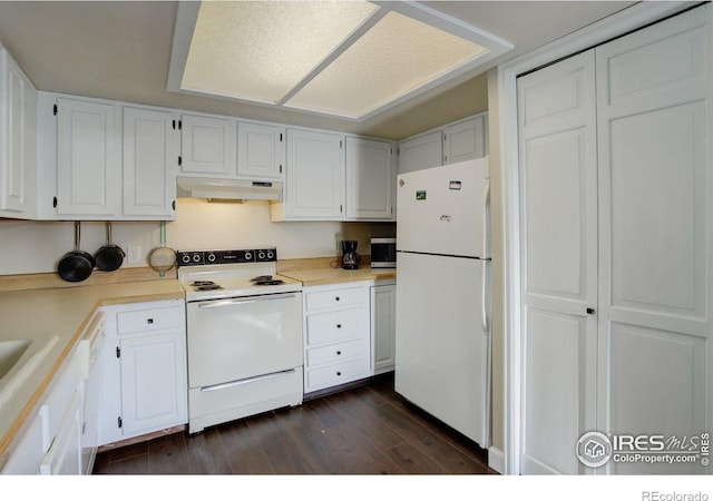 400 Emery St Unit 208, Longmont, CO 80501 - kitchen featuring white appliances, under cabinet range hood, dark wood finished floors, light countertops, and white cabinetry