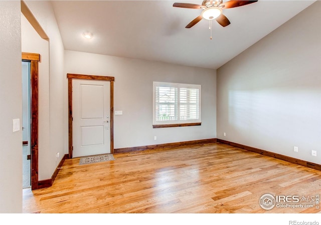 3570 Saguaro Dr, Loveland, CO 80537 - empty room featuring wood finished floors, a ceiling fan, vaulted ceiling, and baseboards