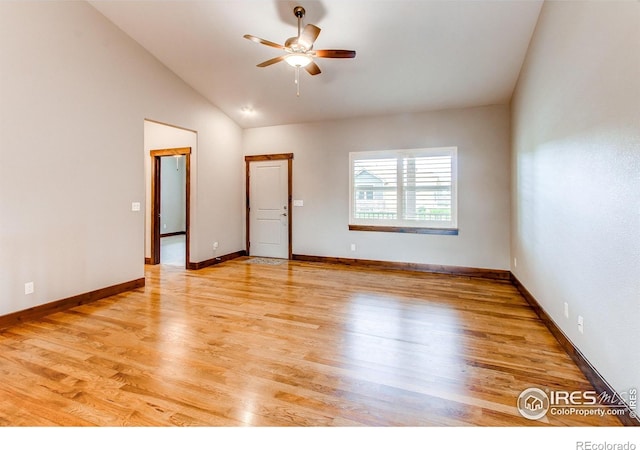 3570 Saguaro Dr, Loveland, CO 80537 - spare room with ceiling fan, light wood-style floors, vaulted ceiling, and baseboards