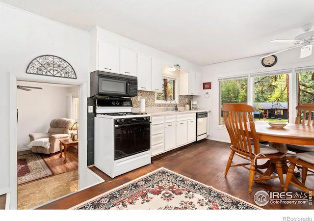2459 W US Highway 34, Drake, CO 80515 - kitchen featuring gas range oven, black microwave, dishwashing machine, ceiling fan, and dark wood-type flooring