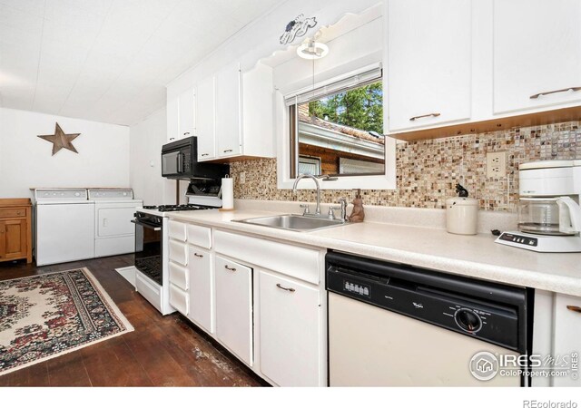 2459 W US Highway 34, Drake, CO 80515 - kitchen featuring washer and clothes dryer, a sink, white appliances, and white cabinets