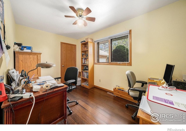4601 N Sunshine Ct, Loveland, CO 80537 - office featuring a ceiling fan, hardwood / wood-style flooring, and baseboards