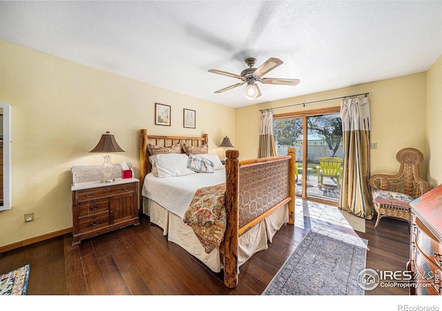 4601 N Sunshine Ct, Loveland, CO 80537 - bedroom with access to outside, dark wood finished floors, baseboards, ceiling fan, and a textured ceiling