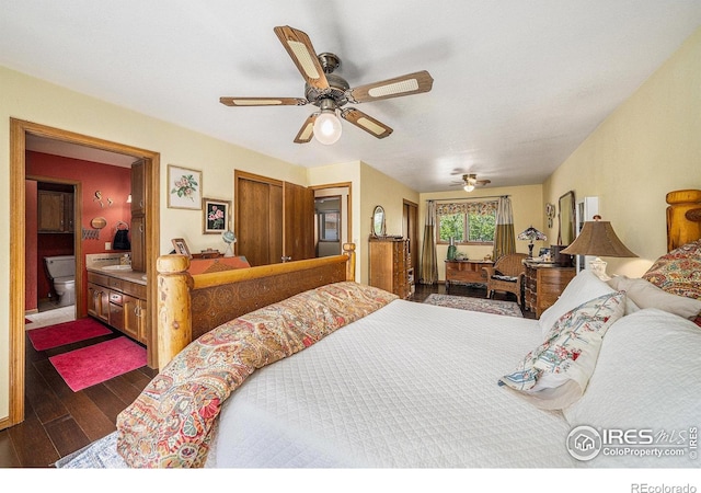 4601 N Sunshine Ct, Loveland, CO 80537 - bedroom featuring wood finished floors, a ceiling fan, and connected bathroom