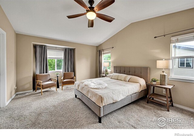 4764 Maggie Ct, Loveland, CO 80537 - carpeted bedroom with vaulted ceiling, baseboards, and ceiling fan