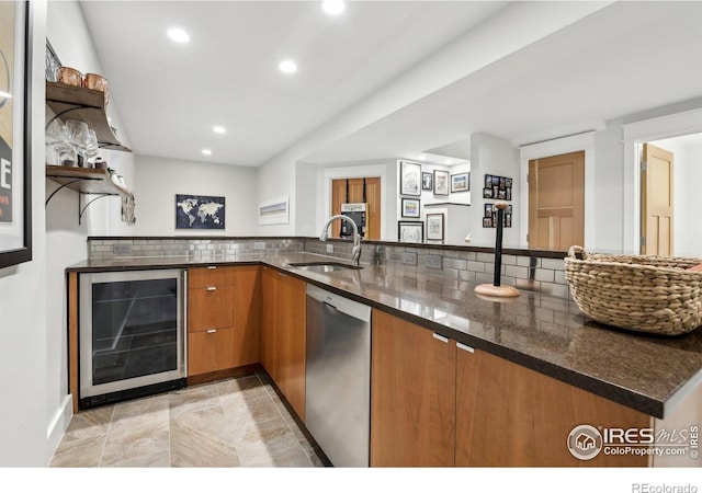 2917 13th St, Boulder, CO 80304 - bar area featuring a sink, wine cooler, stainless steel dishwasher, recessed lighting, and decorative backsplash