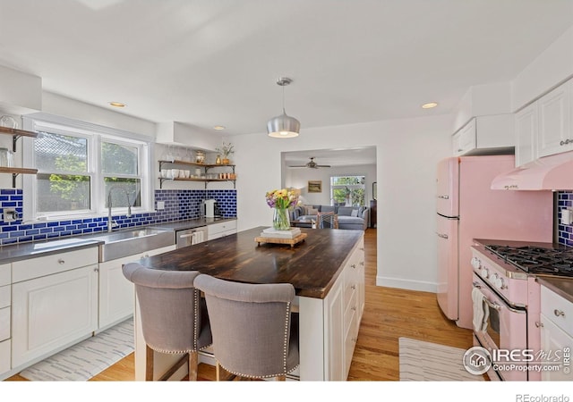 1133 Mapleton Ave, Boulder, CO 80304 - kitchen with white gas stove, a sink, open shelves, under cabinet range hood, and stainless steel dishwasher