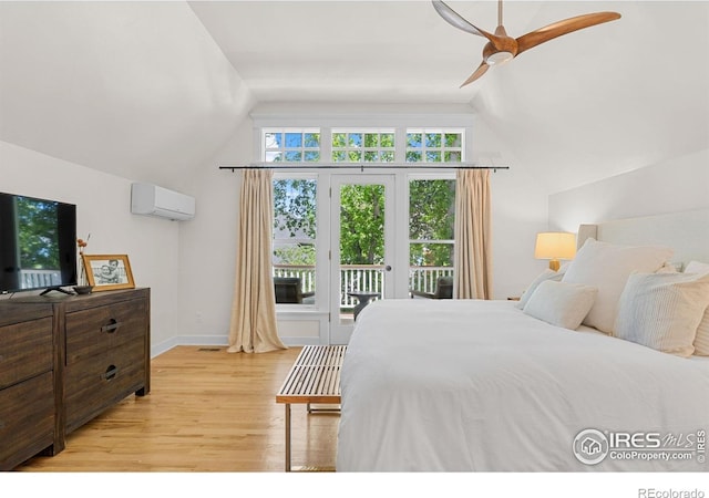 1133 Mapleton Ave, Boulder, CO 80304 - bedroom featuring a wall unit AC, access to exterior, lofted ceiling, light wood-style floors, and baseboards