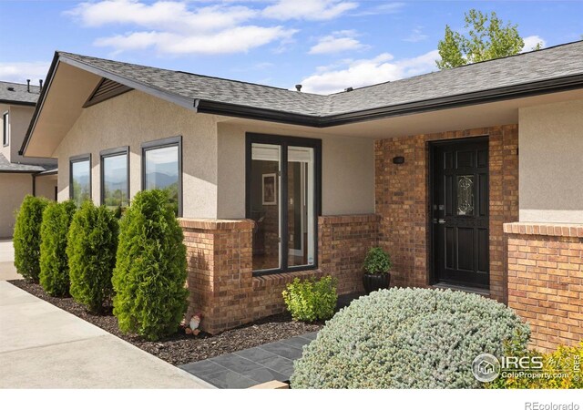 1119 Wrangler Way, Loveland, CO 80537 - property entrance featuring brick siding, stucco siding, and a shingled roof