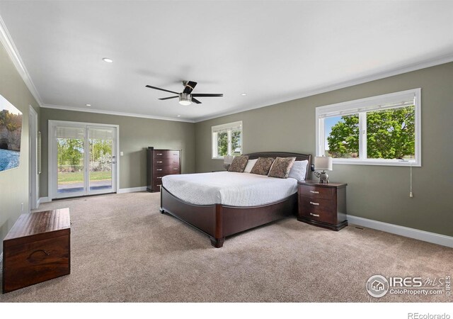 1119 Wrangler Way, Loveland, CO 80537 - carpeted bedroom with access to exterior, ornamental molding, baseboards, ceiling fan, and recessed lighting