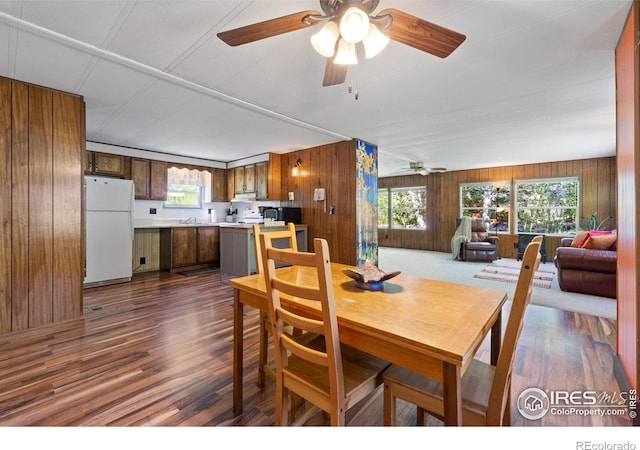 185 Meadow Ln, Bellvue, CO 80512 - dining area featuring wooden walls, dark wood finished floors, and a ceiling fan