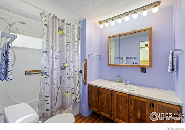 185 Meadow Ln, Bellvue, CO 80512 - bathroom with toilet, wood finished floors, vanity, and a shower with shower curtain