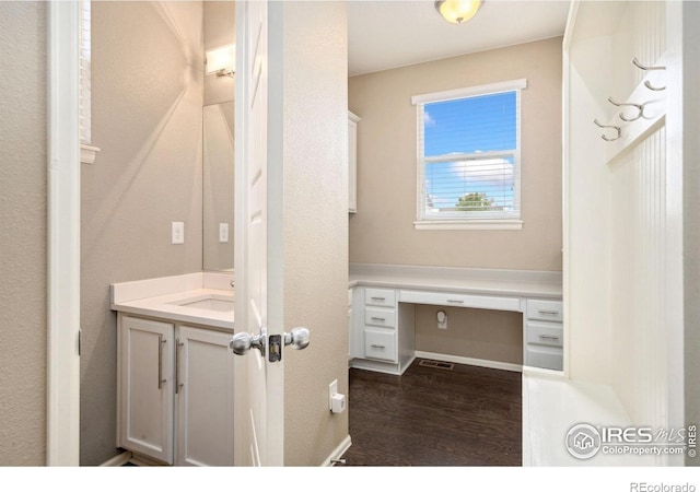 6071 Moran Rd, Timnath, CO 80547 - bathroom with vanity, wood finished floors, and baseboards