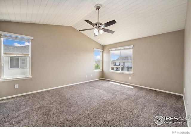 6071 Moran Rd, Timnath, CO 80547 - unfurnished room with lofted ceiling, ceiling fan, carpet flooring, baseboards, and wooden ceiling