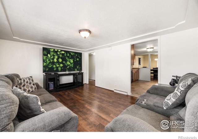 405 16th Ave, Greeley, CO 80631 - living room featuring a baseboard heating unit, wood finished floors, a tray ceiling, and baseboards